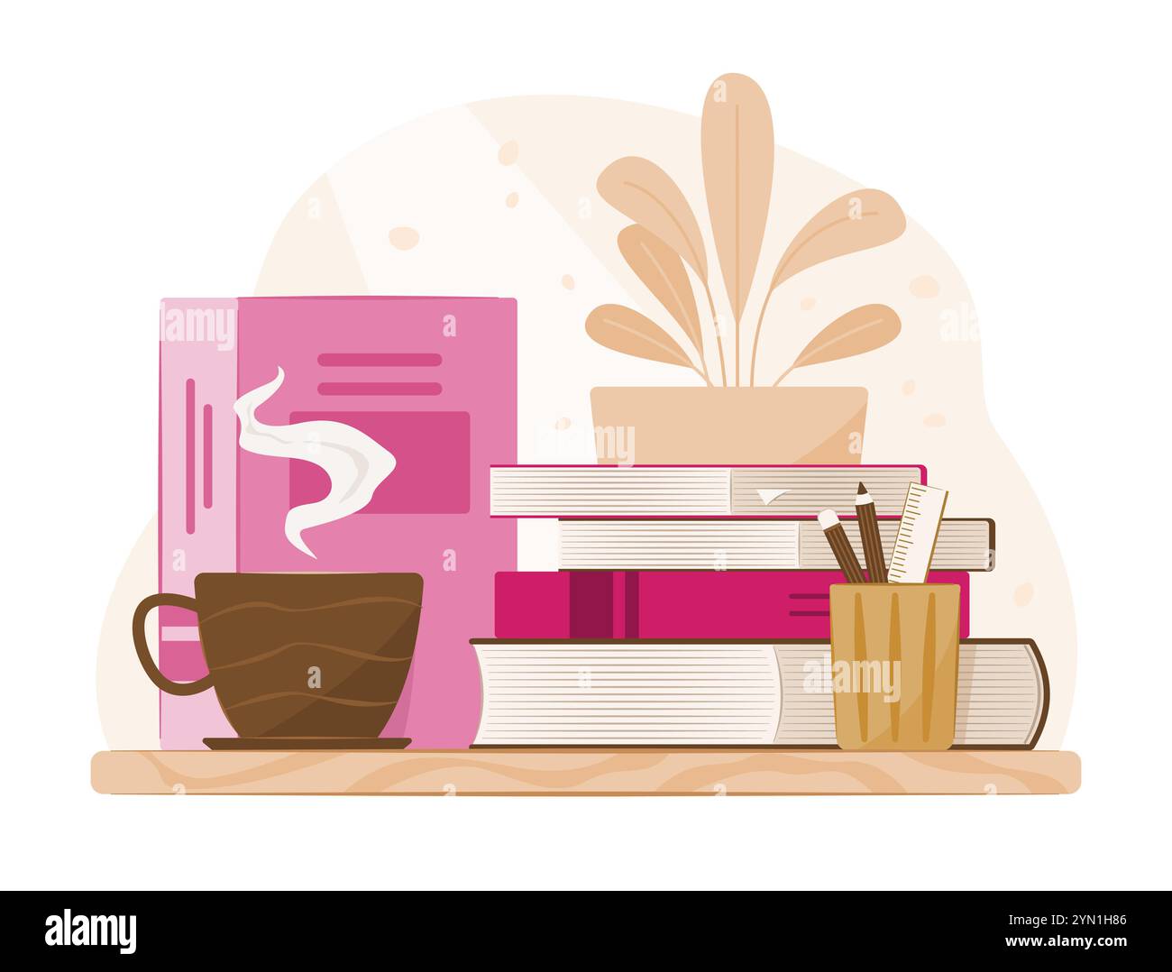 Stapel Bücher und eine Tasse Kaffee auf dem Schreibtisch für Bildung Konzept Illustration Clip Art Stock Vektor