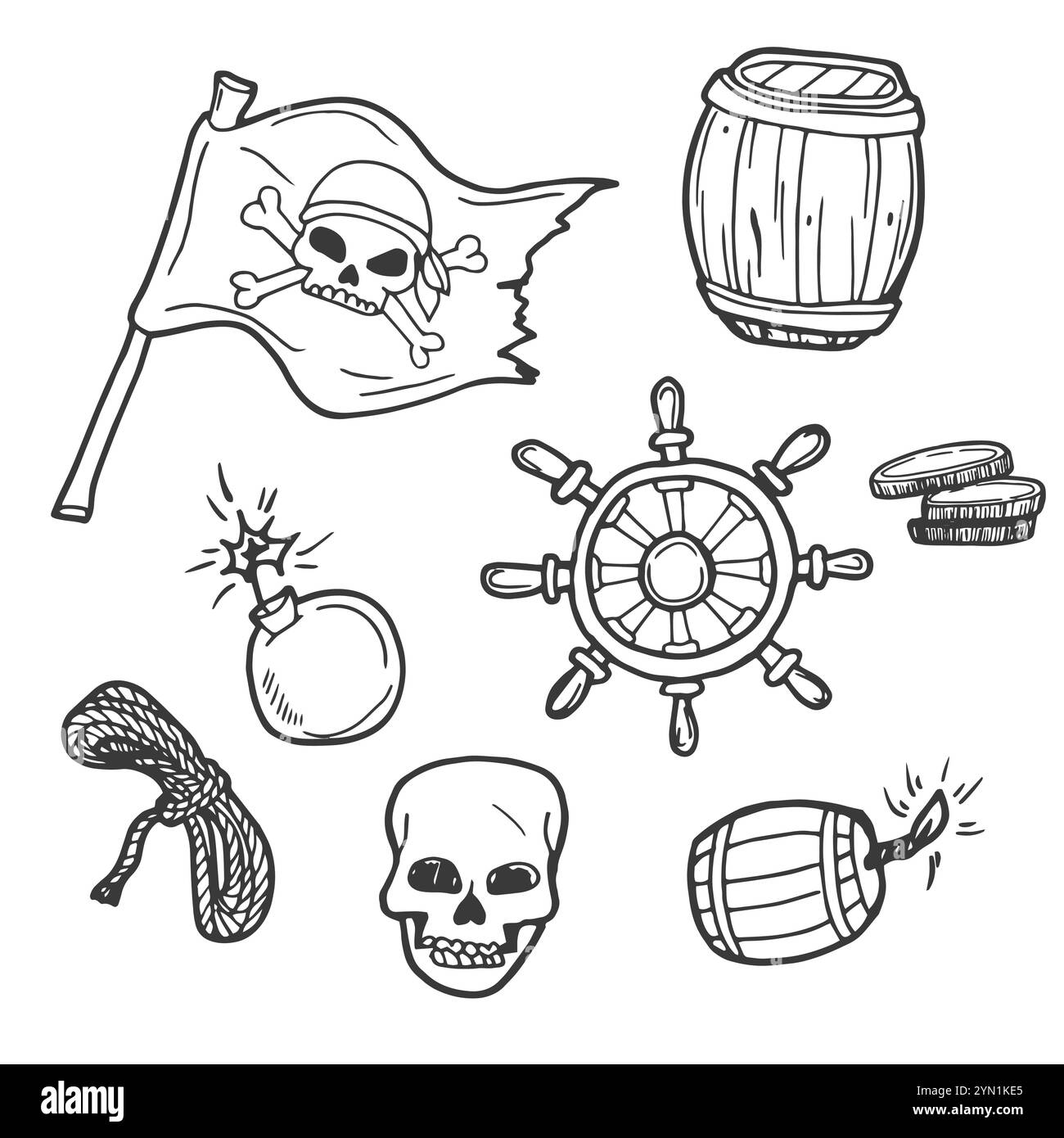 Vektor-Set mit handgezeichneten isolierten Kritzeleien zum Thema Piraten und Abenteuer. Skizzen zur Verwendung in der Konstruktion Stock Vektor