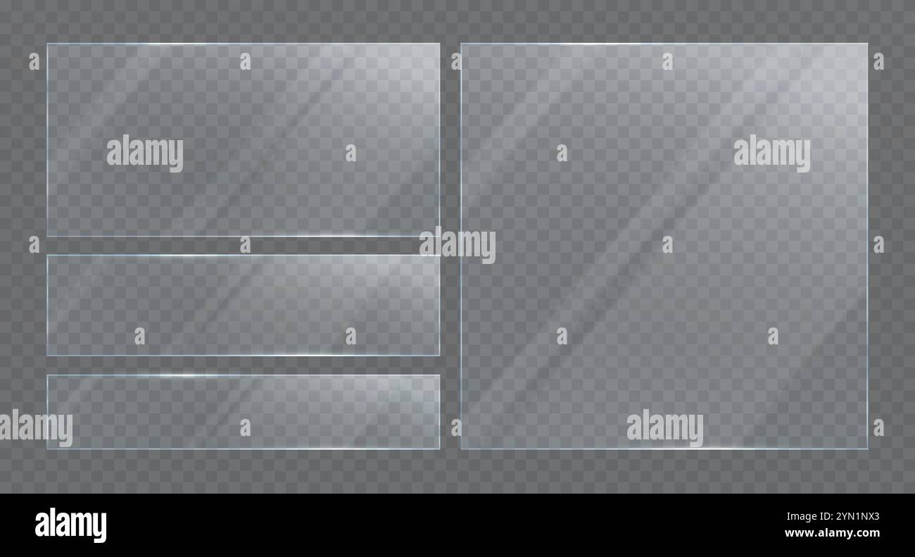 Transparente transparente Glasbannerplatte. Set aus leeren, glänzenden Rahmen, Showcases. Stock Vektor