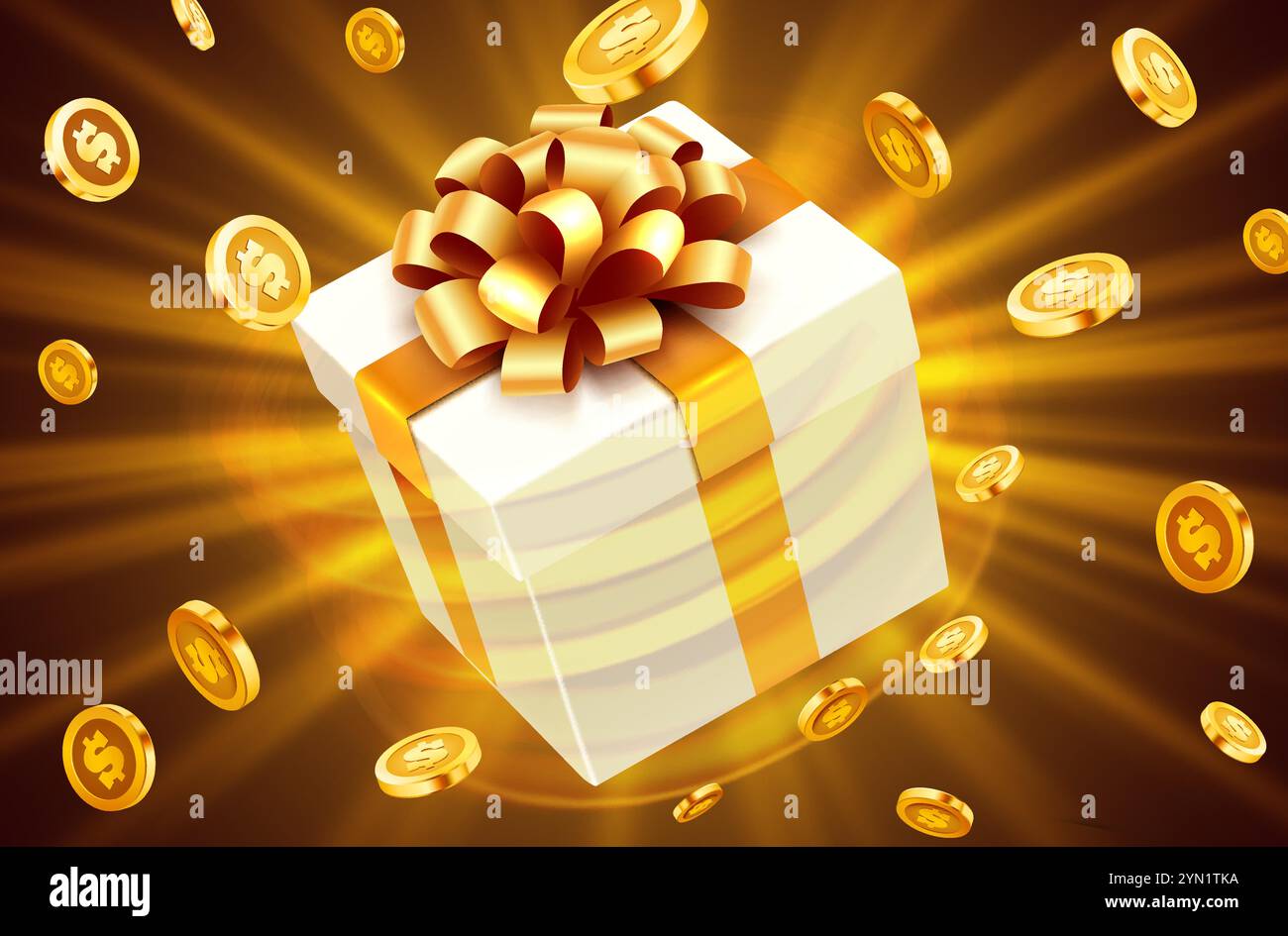 Geschenkbox mit Münzexplosion. Big-Win-Konzept. Vektorabbildung Stock Vektor