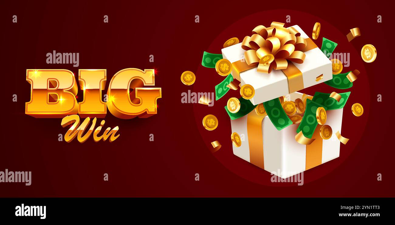 Offene Geschenkbox mit Münzexplosion. Großes Gewinnkonzept. Vektordarstellung Stock Vektor