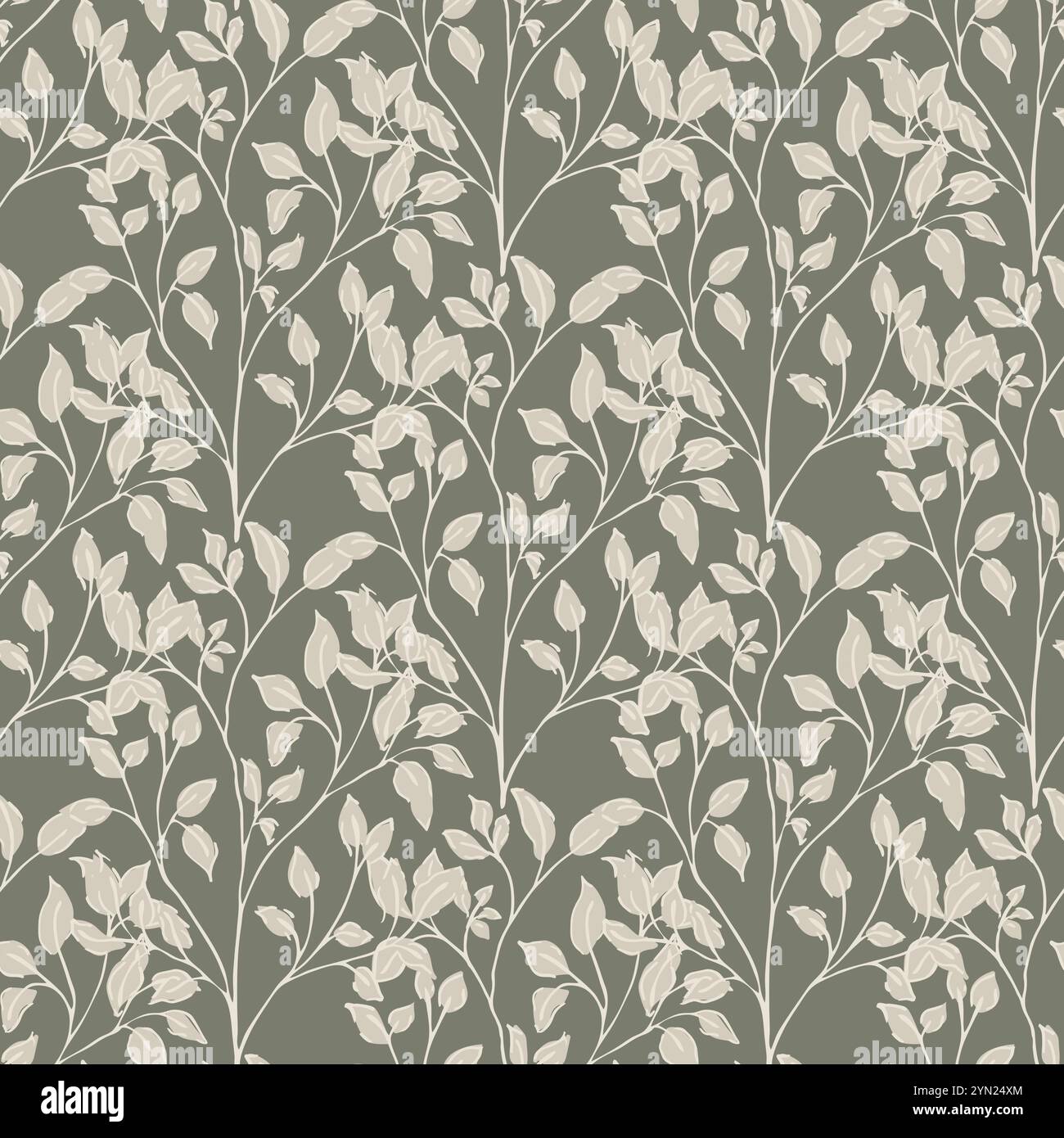 Zweig- und Blattstruktur, moderner nahtloser Vektormuster-Hintergrund der Mitte des Jahrhunderts. Eleganter, handgezeichneter Pinselstil mit überlappendem Laubhintergrund. Dicht Stock Vektor