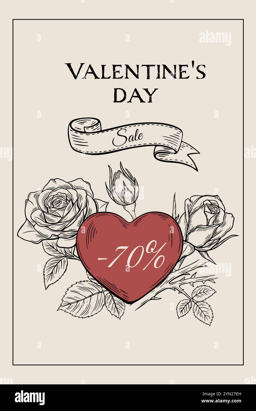 Poster, Banner, Rabatt, Verkauf zum Valentinstag. Skizzieren Sie im Stile der Gravur. Vektor Stock Vektor