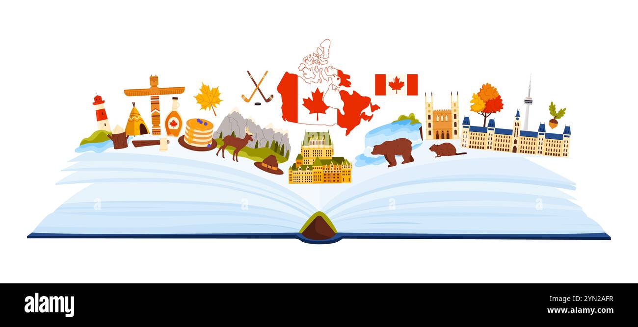 Kultur und berühmte Natur Kanadas, Sehenswürdigkeiten und Touristenattraktionen, Sprachstudium in Infografik-Collage. Parlamentsgebäude und Niagarafälle in offenem Buch Cartoon Vektor Illustration Stock Vektor