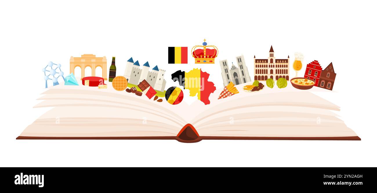 Belgische Kultur und Sehenswürdigkeiten, belgische Sehenswürdigkeiten für Touristen und Sprachstudium in Infografik-Collage. Traditionelles Essen und Gebäude auf offenem Buch Karikaturvektor Illustration Stock Vektor