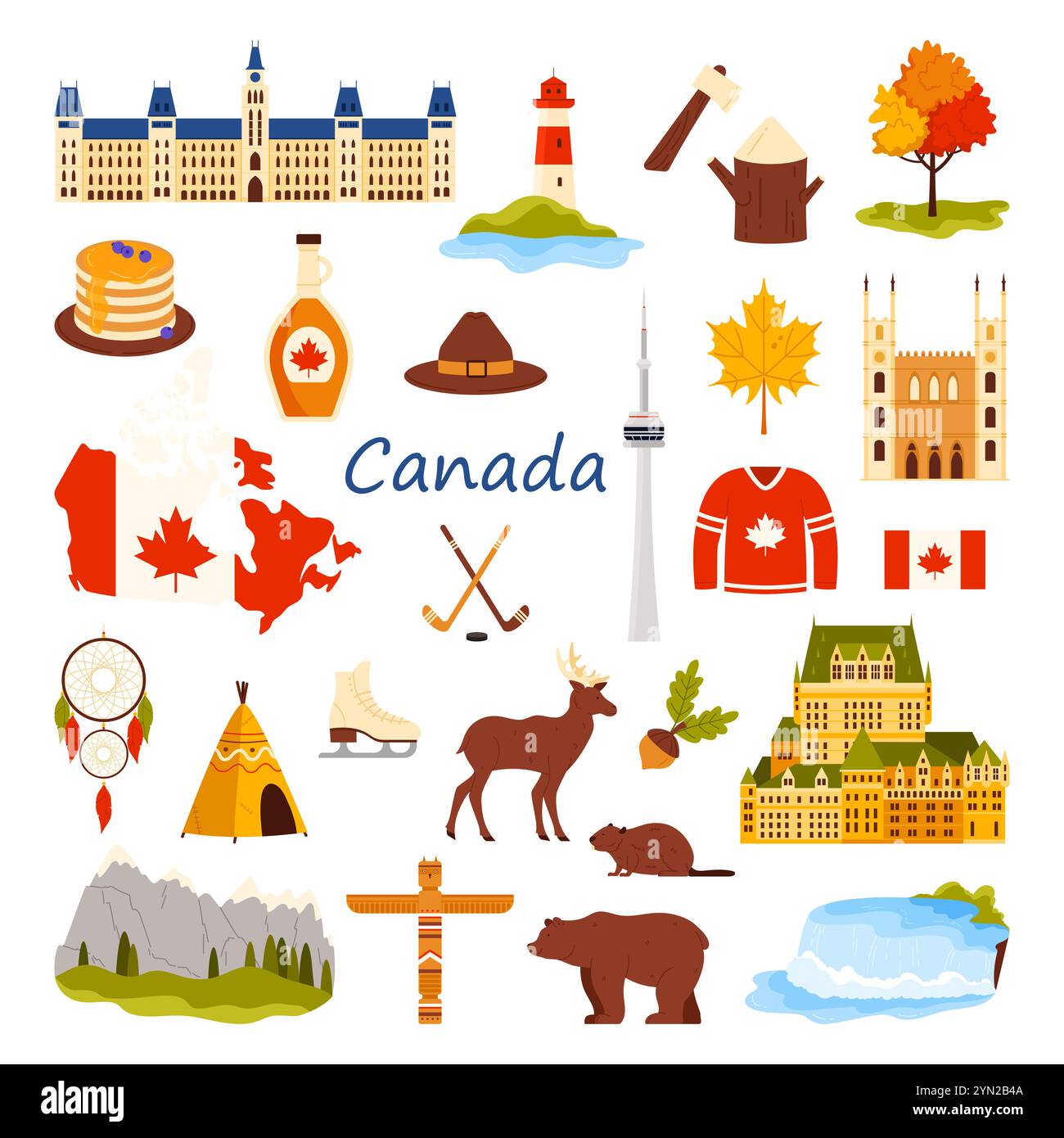 „Reise nach Kanada“-Aufkleber-Set. Kanadische Stadt Wahrzeichen für Tourismus, Hockey- und Schlittschuhsport, Bäume und Waldtiere, Traumfänger und Tipi der indischen Kultur Comic Vektor Illustration Stock Vektor