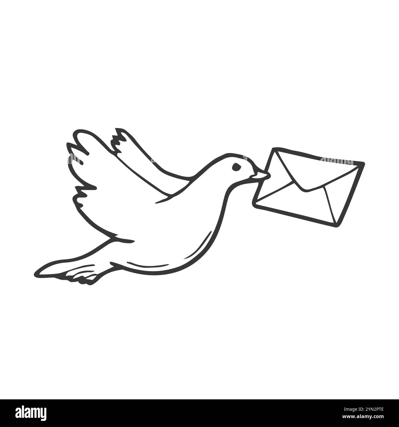Kontinuierliche Linienzeichnung einer fliegenden Brieftaube. Vektor-Illustration einer fliegenden Taube mit einem Umschlag. Einzeilige Kunst des Fliegens Stock Vektor