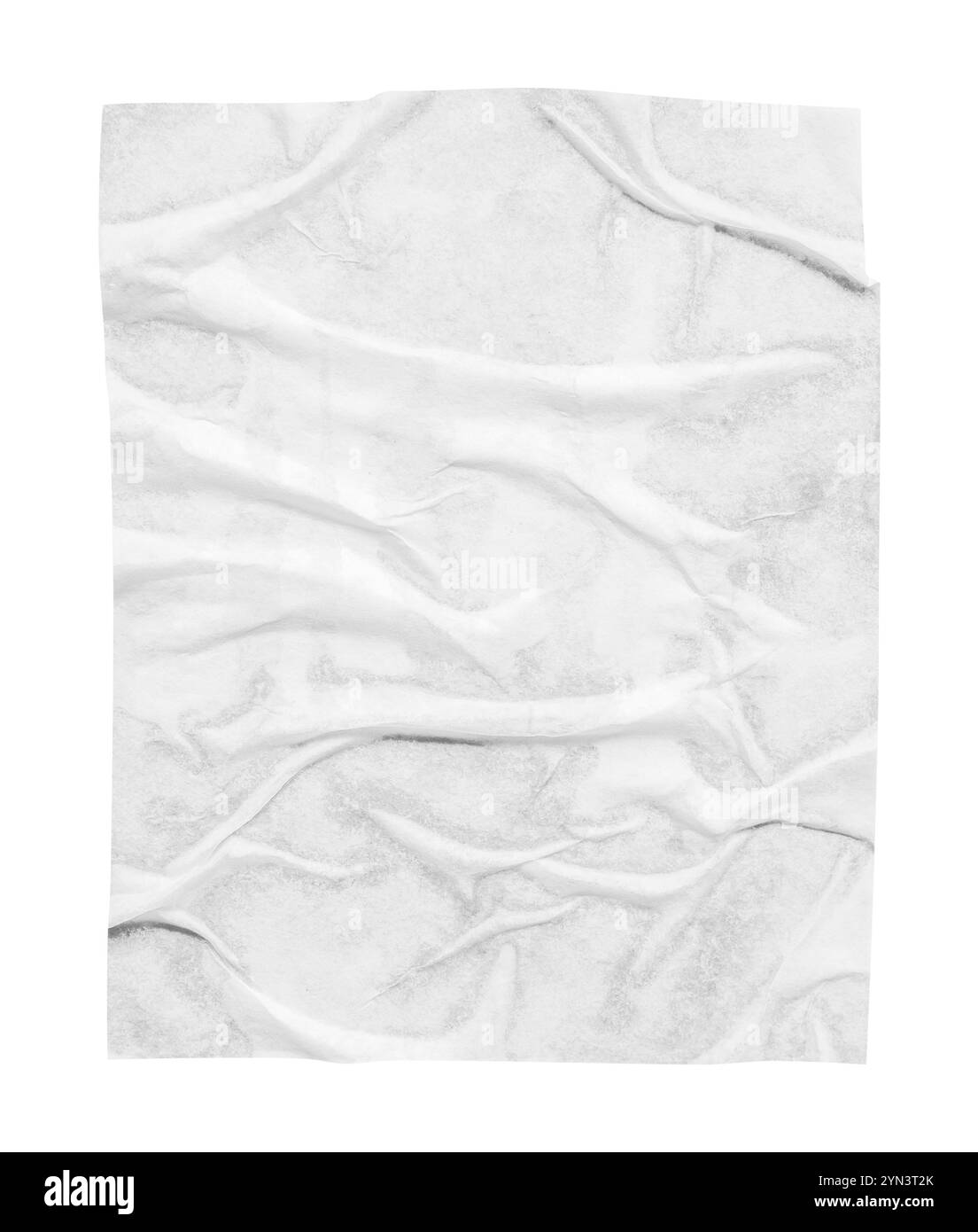 Leere weiße, zerknitterte und gefaltete Papierstruktur, isoliert auf weißem Hintergrund Stockfoto