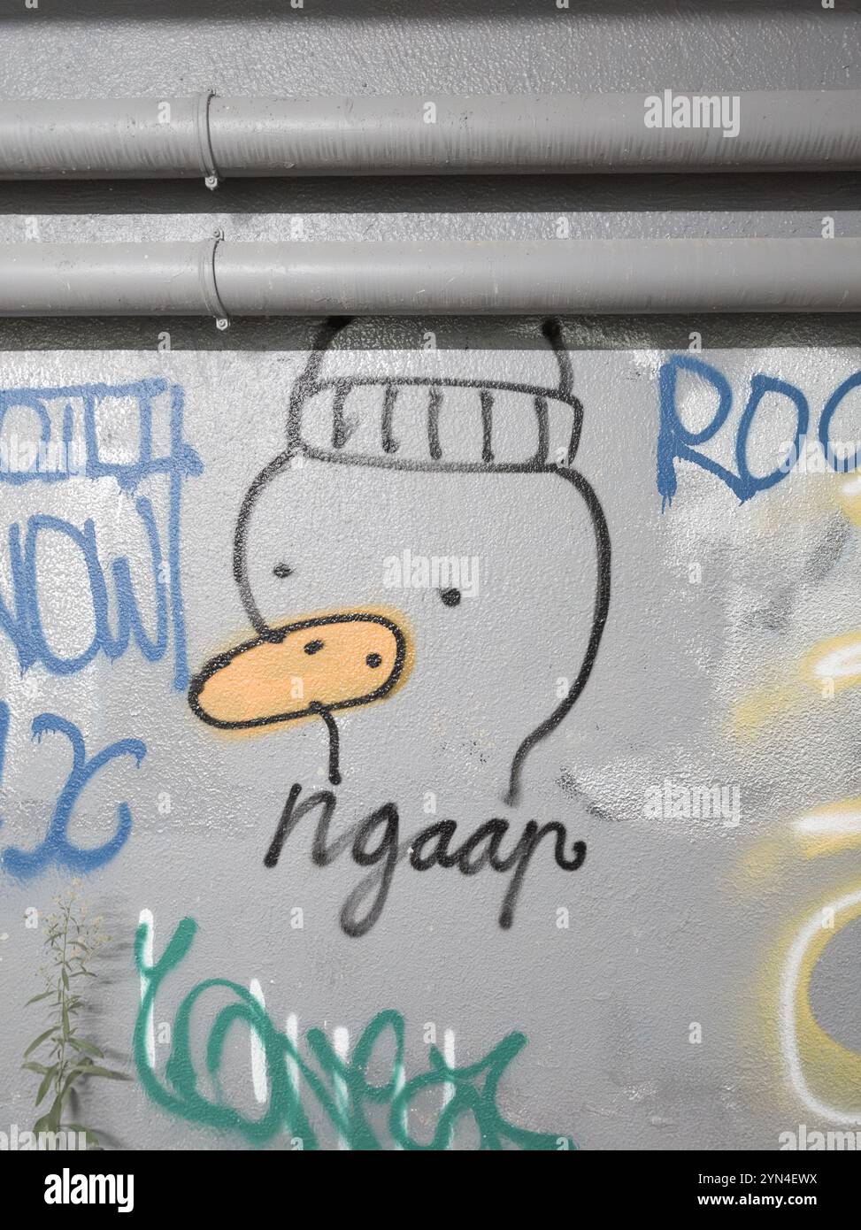 Minimalistische Graffiti-Illustration von Ente in Beanie-Hut auf der städtischen Wand mit Text und bunten Details zur Sprühkunst Stockfoto