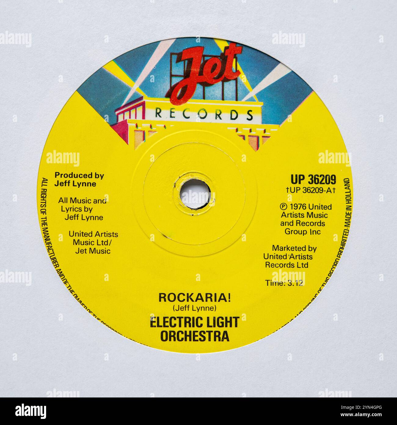 Das mittlere Label der 7-Zoll-Single-Version von Rockaria! Vom Electric Light Orchestra, das 1976 veröffentlicht wurde Stockfoto