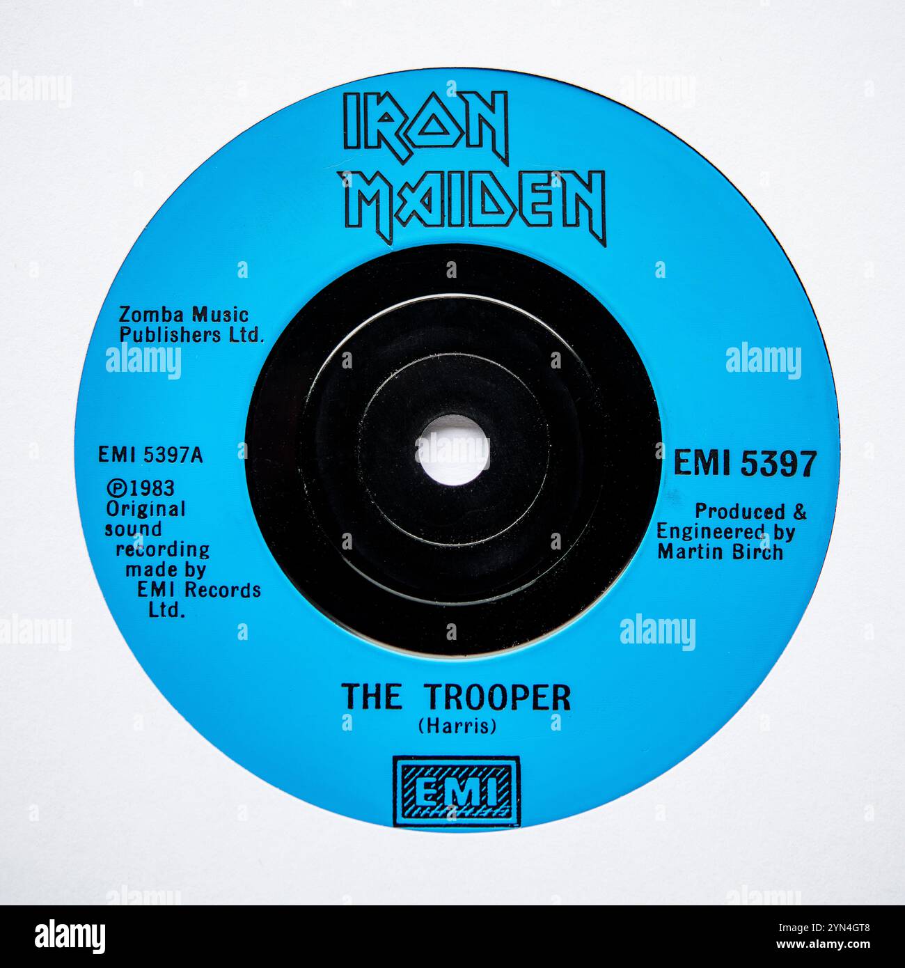 Center-Label der Sieben-Inch-Single-Version des Trooper von Iron Maiden, die 1983 veröffentlicht wurde Stockfoto