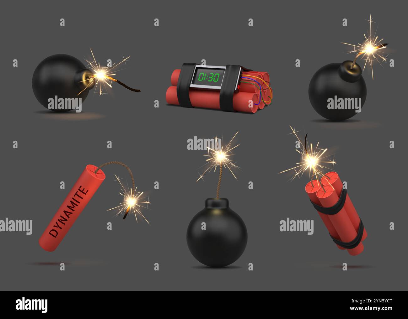 3D-Bombe. Sprengstoffausleger mit Dynamit. TNT-Zünder oder Feuerwerk-Sicherungsstab. Wick Feuerfunkel. Realistischer Gefahrenfunke. Armee Mine mit Timer. Schießpulverbohrer Stock Vektor