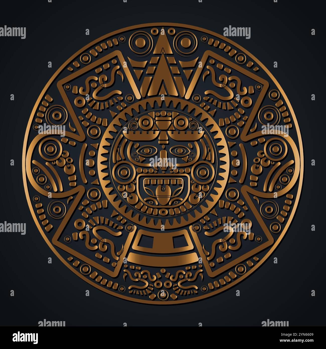 Heiliger aztekischer Radkalender Maya Sonnengott, goldene Maya Symbole ethnische Maske, goldene runde Rahmen Grenze altes Logo Symbol Vektor Illustration isoliert Stock Vektor