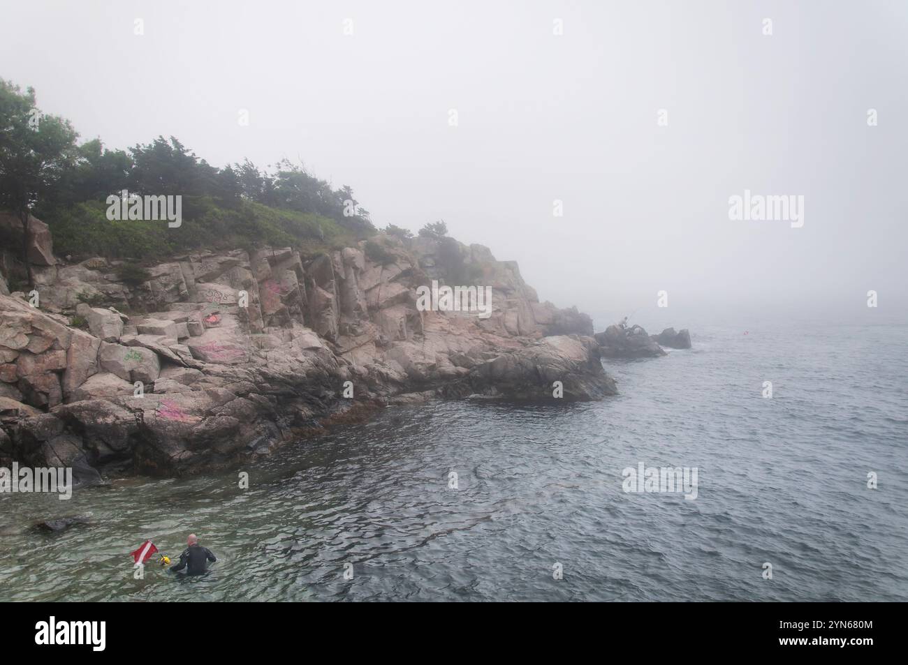 Die nebelige Küste im Fort Wetherill State Park in Jamestown, Rhode Island. Stockfoto