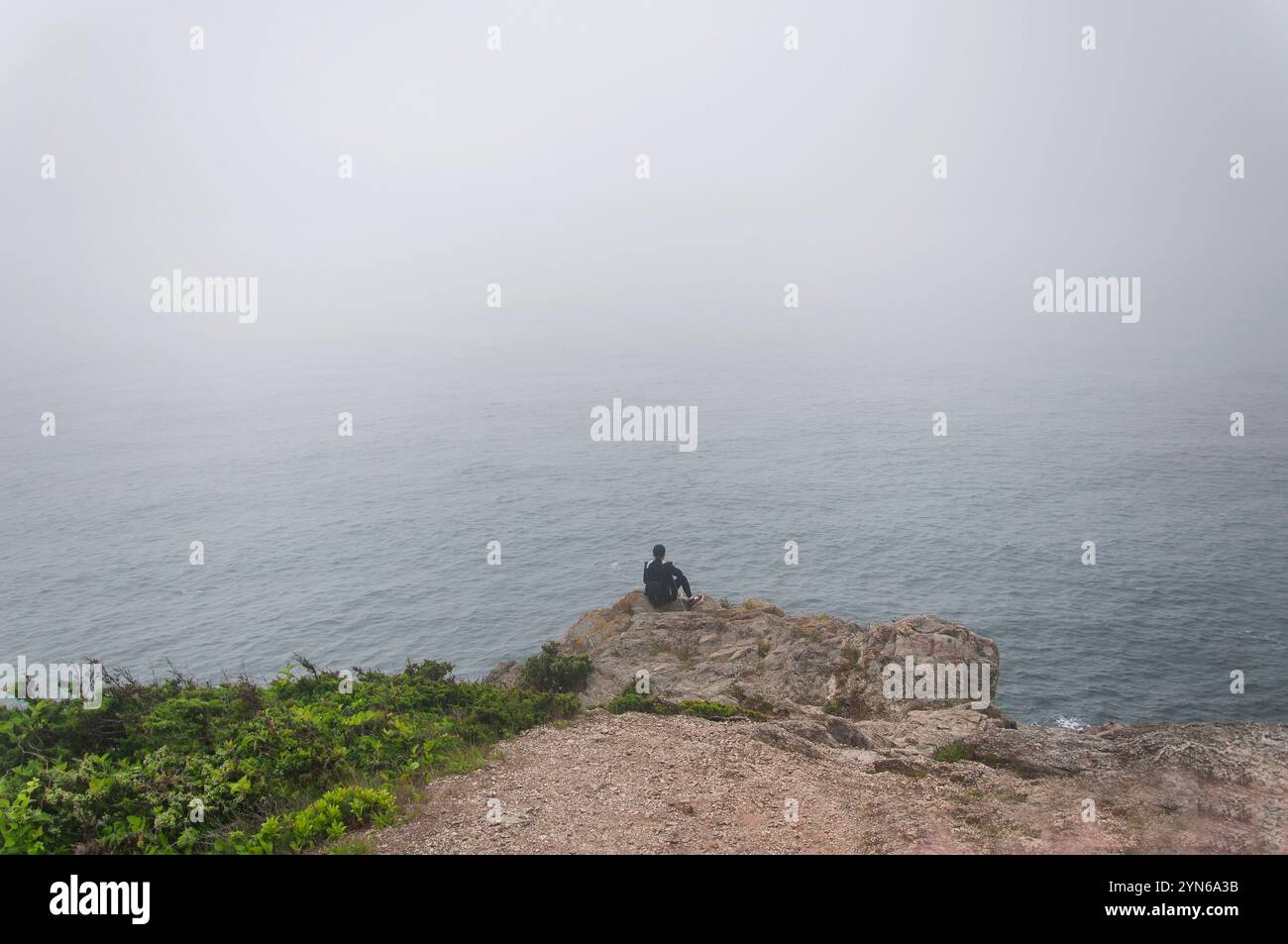 Ein einsames Weibchen mit Blick auf den nebeligen Ozean im Fort Wetherill State Park in Jamestown, Rhode Island. Stockfoto
