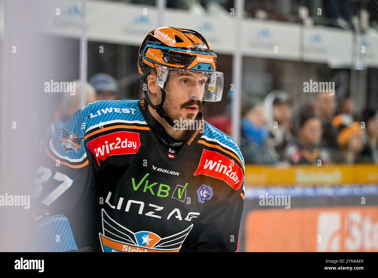 Linz, Österreich. November 2024. LINZ, ÖSTERREICH - 24. NOVEMBER: Andreas Kristler von Steinbach Black Wings Linz während des zweitägigen EISHOCKEY League-Spiels zwischen Steinbach Black Wings Linz und EC IDM Waermepumpen VSV in Linz AG Eisarena am 24. November 2024 in Linz, Österreich.241124 SEPA 20 072 - 20241124 PD10568 Credit: APA-PictureDesk/Alamy Live News Stockfoto