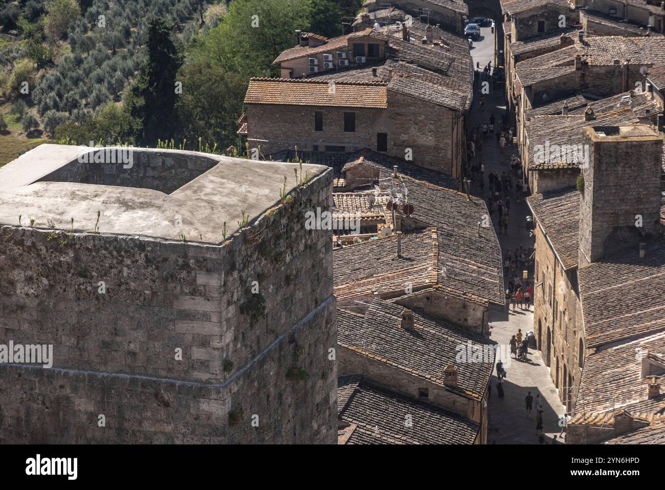 Großer Panoramablick über die Innenstadt von San Gimignano, Torre Ficarelli im Zentrum, von Torre Grosso, Italien, Europa Stockfoto