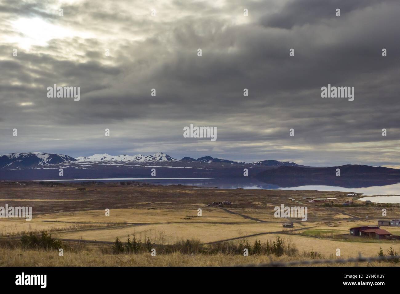 Bewölkte Landschaft an der Thingvallavegur Straße, in der Nähe von Thingvellir NP Island Stockfoto