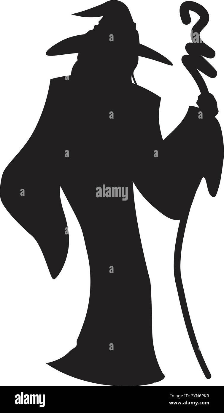Die schwarze Silhouette eines Zauberers trägt ein langes Gewand und einen spitzen Hut, der einen Zauberstab mit einem spiralförmigen Oberteil hält und ein Gefühl von Mysterium und Macht vermittelt Stock Vektor