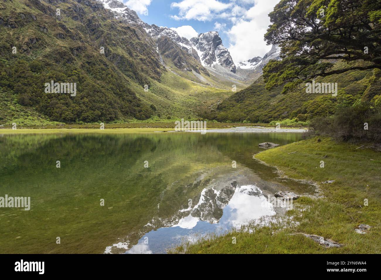 Ruhiger Bergsee Mackenzie am berühmten Routeburn Track, Fiordland National Park, Südinsel Neuseelands Stockfoto