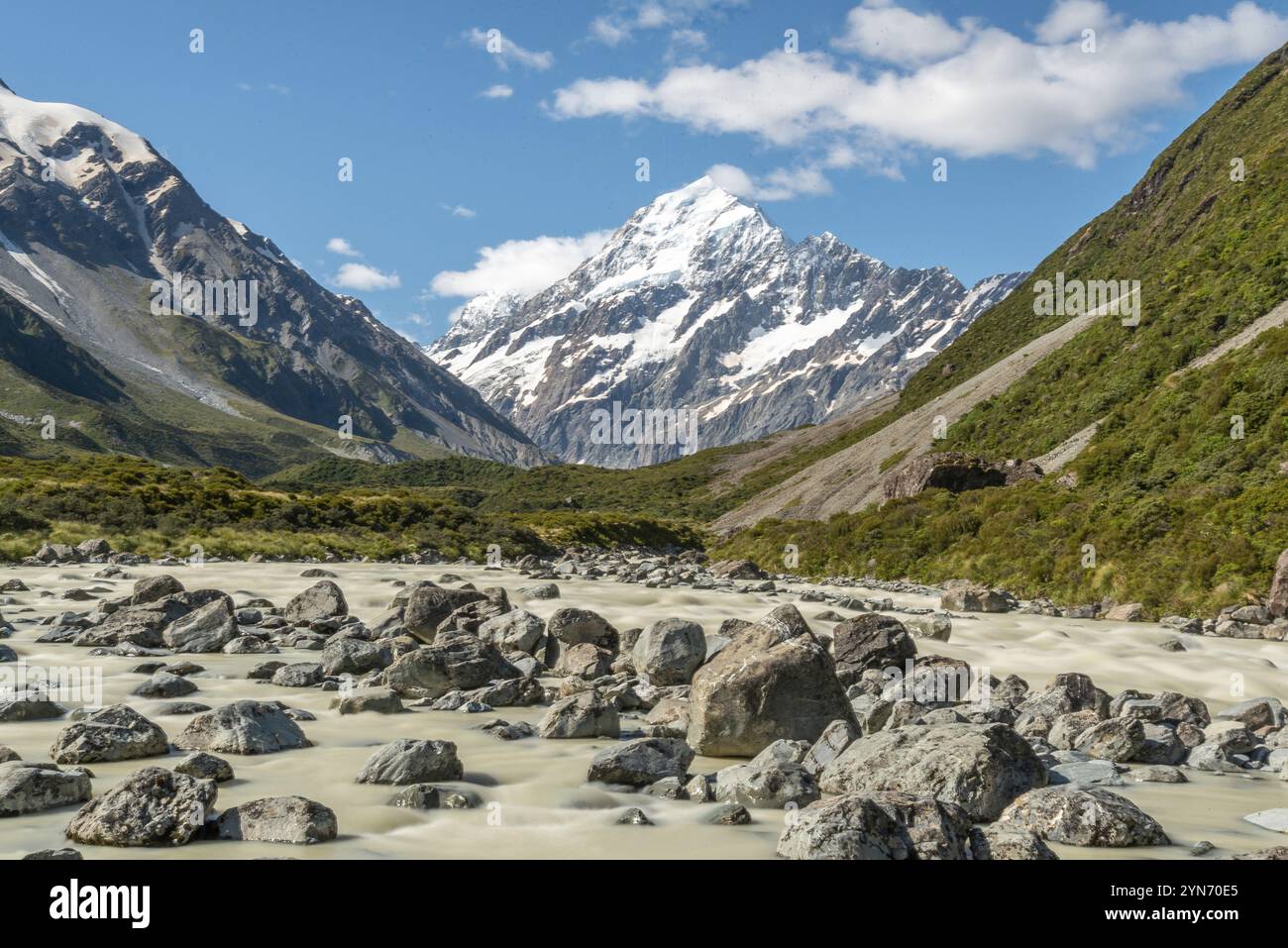 Berühmter Mount Cook vom Hooker Valley Track, Südinsel Neuseelands Stockfoto