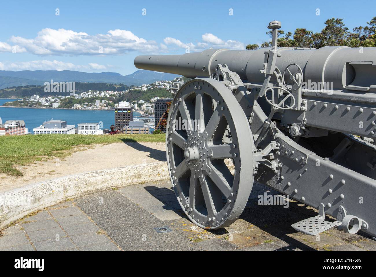 Alte Kanone mit Blick auf Wellington, Botanic Garden Hill, Neuseeland, Ozeanien Stockfoto