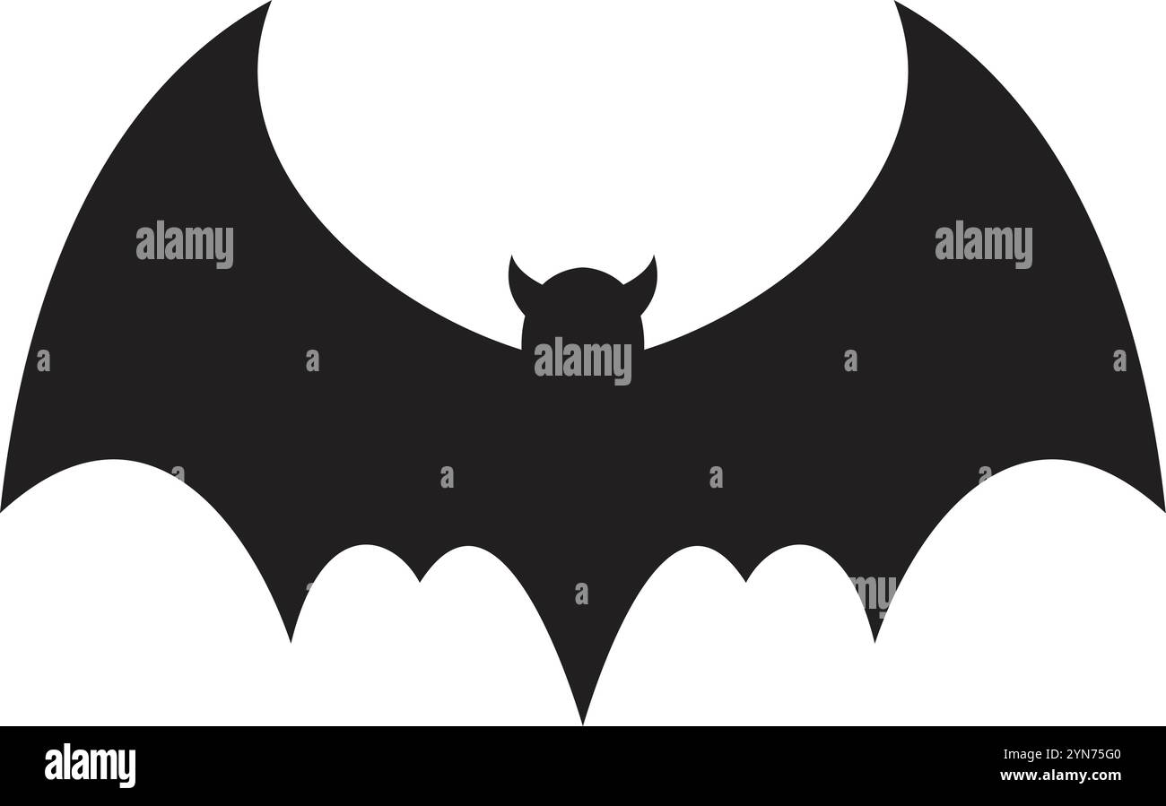 Einfache schwarze Silhouette einer Fledermaus mit offenen Flügeln und Hörnern, die auf weißem Hintergrund fliegen, ideal für halloween-Projekte oder jedes Design, das einen Hauch von braucht Stock Vektor