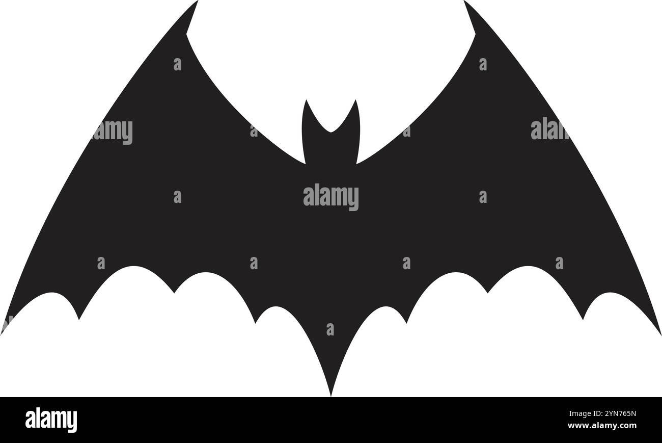 Die stilisierte schwarze Fledermaus-Silhouette spreizt ihre Flügel und schafft eine gruselige und geheimnisvolle Atmosphäre, perfekt für halloween-Projekte oder jedes Design, das eine braucht Stock Vektor