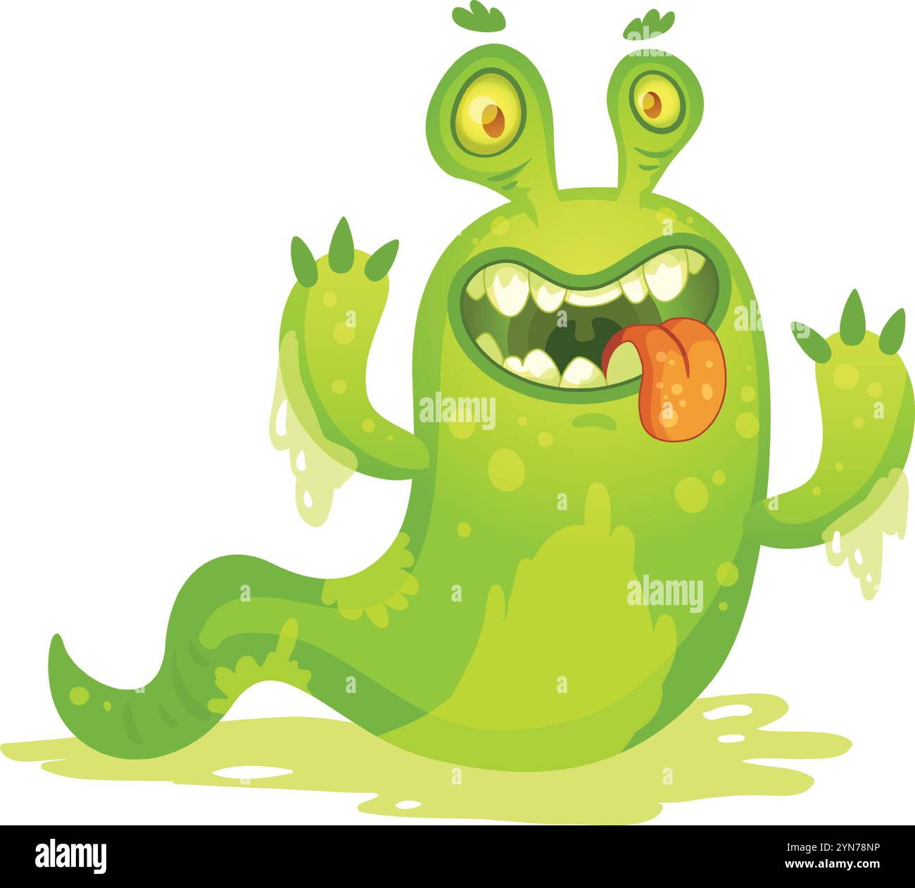 Schleimiges grünes Comic-Monster mit zwei Augen, einem langen Schwanz, der aus der Zunge ragt und scharfe Zähne zeigt, während er auf einer Schleimpfütze steht Stock Vektor