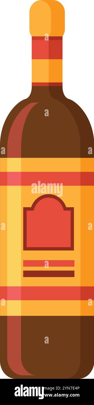 Die elegante Weinflasche zeigt ein lebhaftes Etikett mit orangefarbenen und roten Streifen, einem orangefarbenen Deckel und einem satten, dunklen Inhalt, der eine Aura von verströmt Stock Vektor