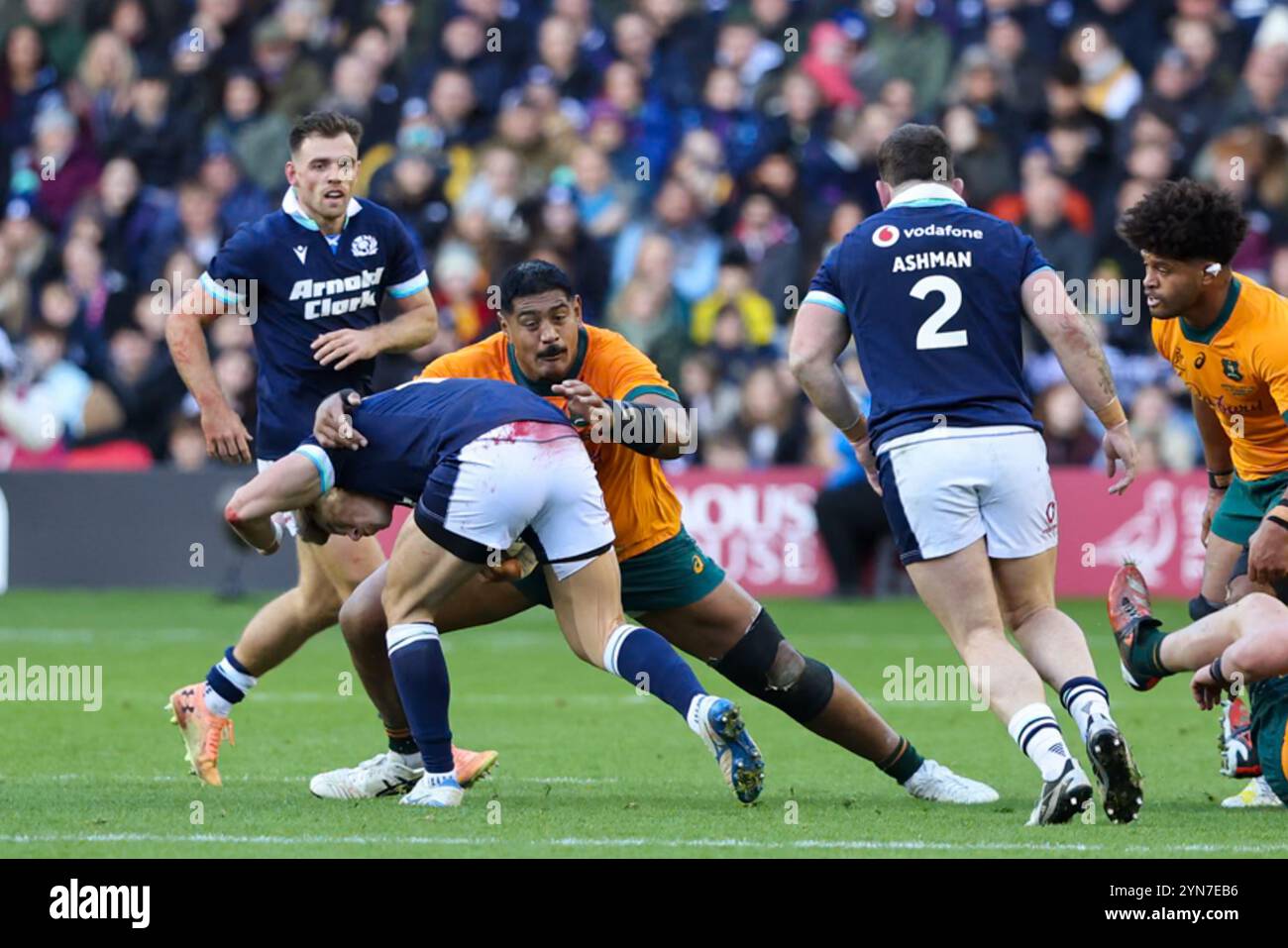 Edinburgh, Schottland. November 2024. Will Skelton kämpft gegen Huw Jones während des berühmten Grouse Nations Series-Spiels zwischen Schottland und Australien im Scottish Gas Murrayfield Stadium in Edinburgh. Quelle: Connor Douglas/Alamy Live News Stockfoto