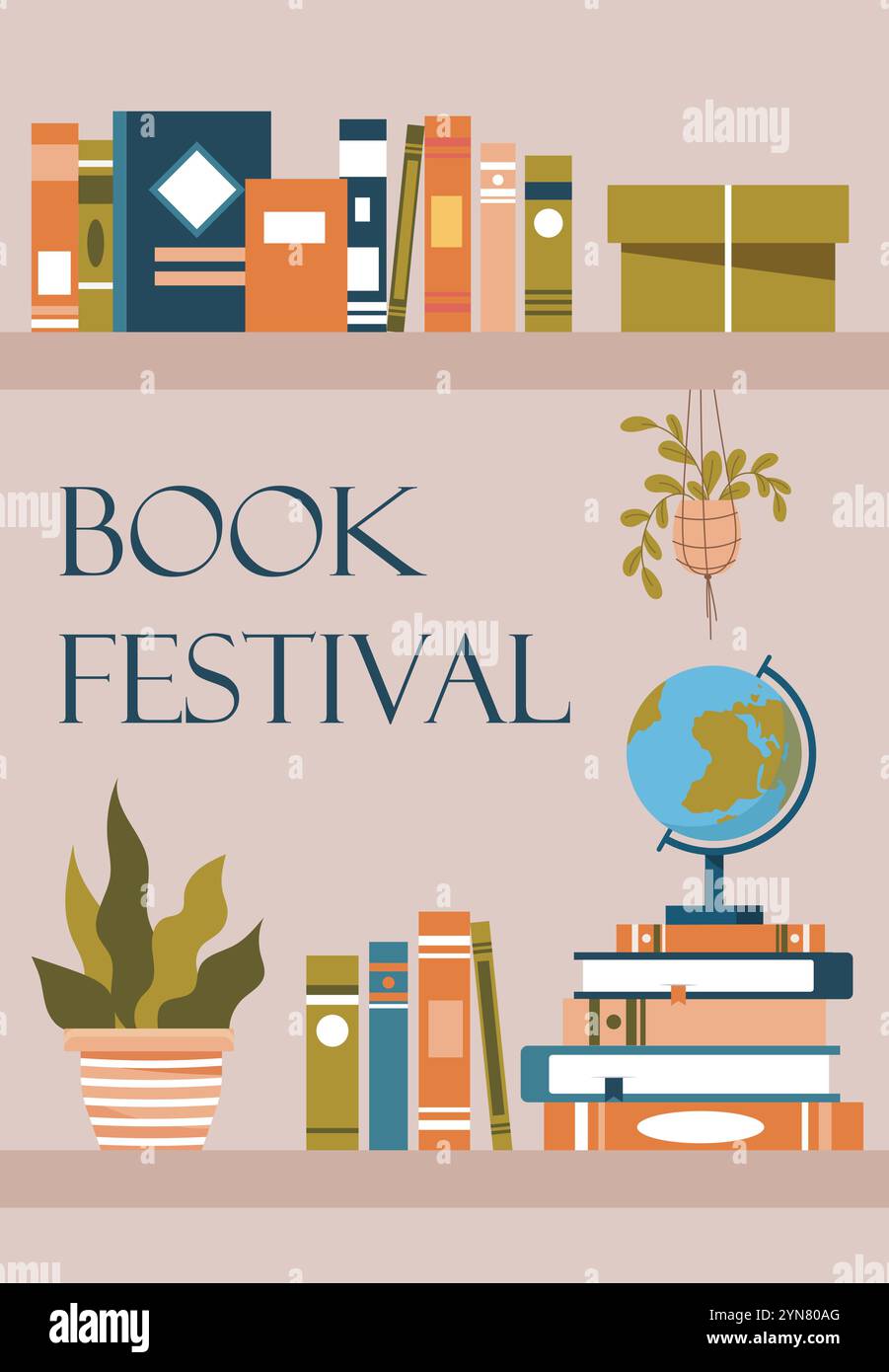 Buch Festival Poster. Bildung und Lernen. Lehrbücher in Regalen. Wissen, Liebe zu Literatur und Lesen. Internationaler Feiertag und Festival 6 Stock Vektor