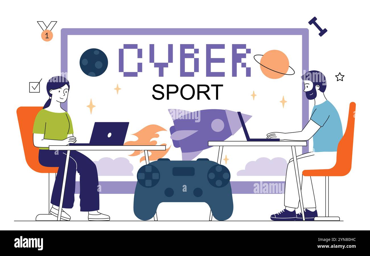 Cyber-Sport-Menschen. Mann und Frau mit Laptops sitzen und spielen Videospiele und Arcade-Spiele. Wettbewerbe und Turniere. ESport Club. Linear Stock Vektor