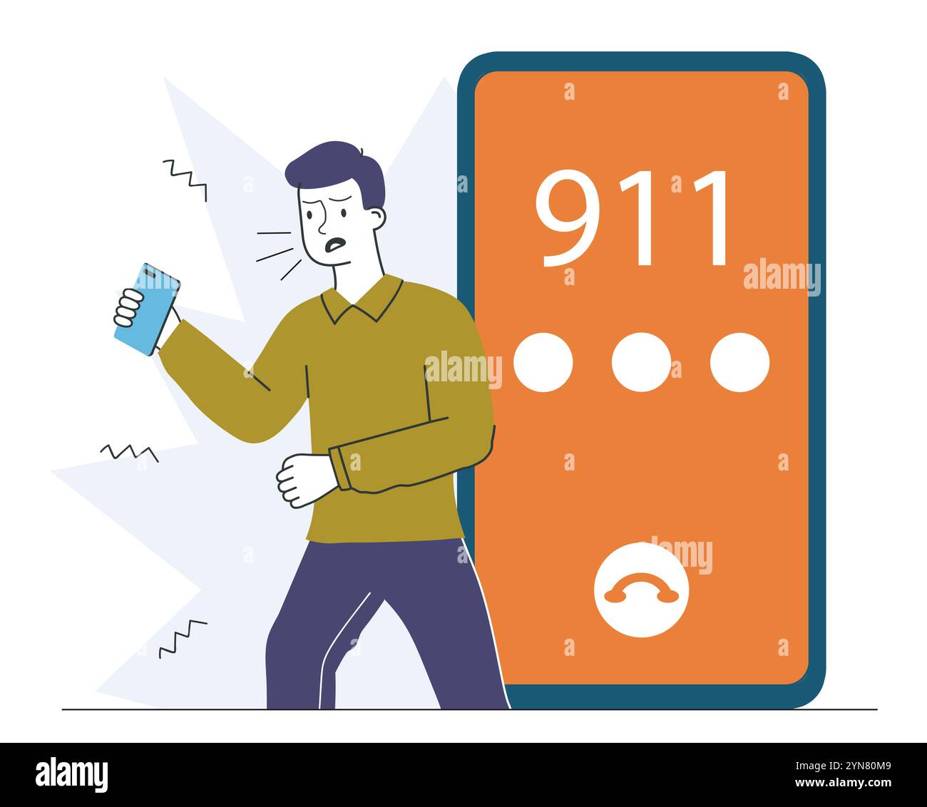 Mann mit Notruf. Junger Mann in der Nähe des Smartphones mit den Nummern 911. Bürger rufen Feuerwehr, Krankenwagen oder Polizei an. Unfall und Katastrophe. Linear Stock Vektor