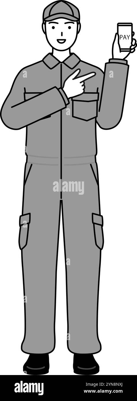 Ein Mechaniker in Overalls, der bargeldlose Online-Zahlungen auf einem Smartphone empfiehlt, Vector Illustration Stock Vektor
