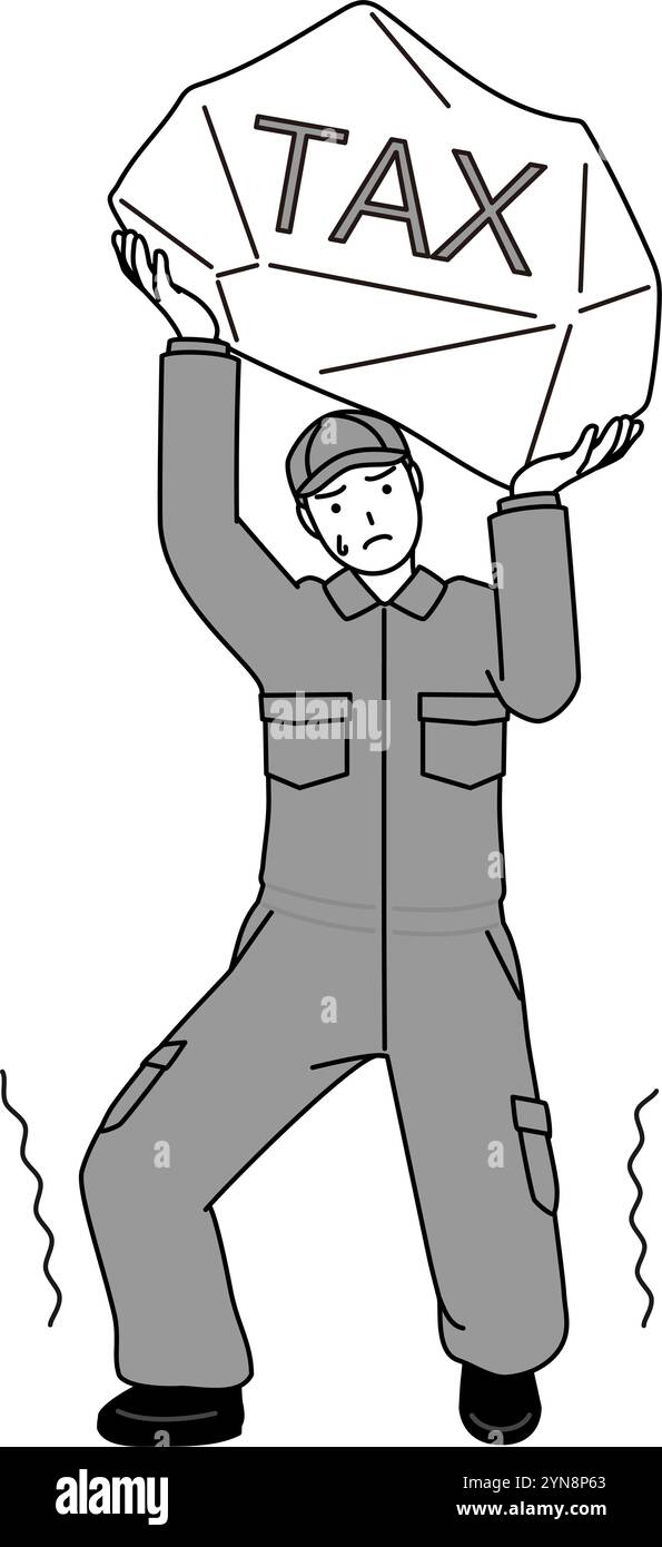 Ein Mechaniker in Overalls, der unter Steuererhöhungen leidet, Vektor-Illustration Stock Vektor