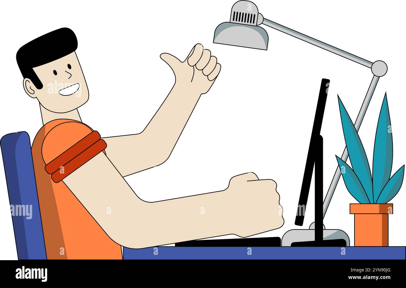 Ein Mann mit hochgezogenen Daumen benutzt einen Desktop-Computer und ein Design-Element für flache Vektorgrafiken an seinem Schreibtisch. Stock Vektor