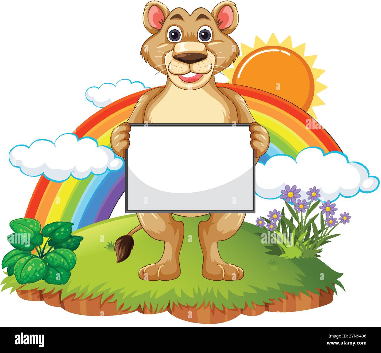 Löwe mit Schild mit Regenbogen- und Sonnenhintergrund Stock Vektor