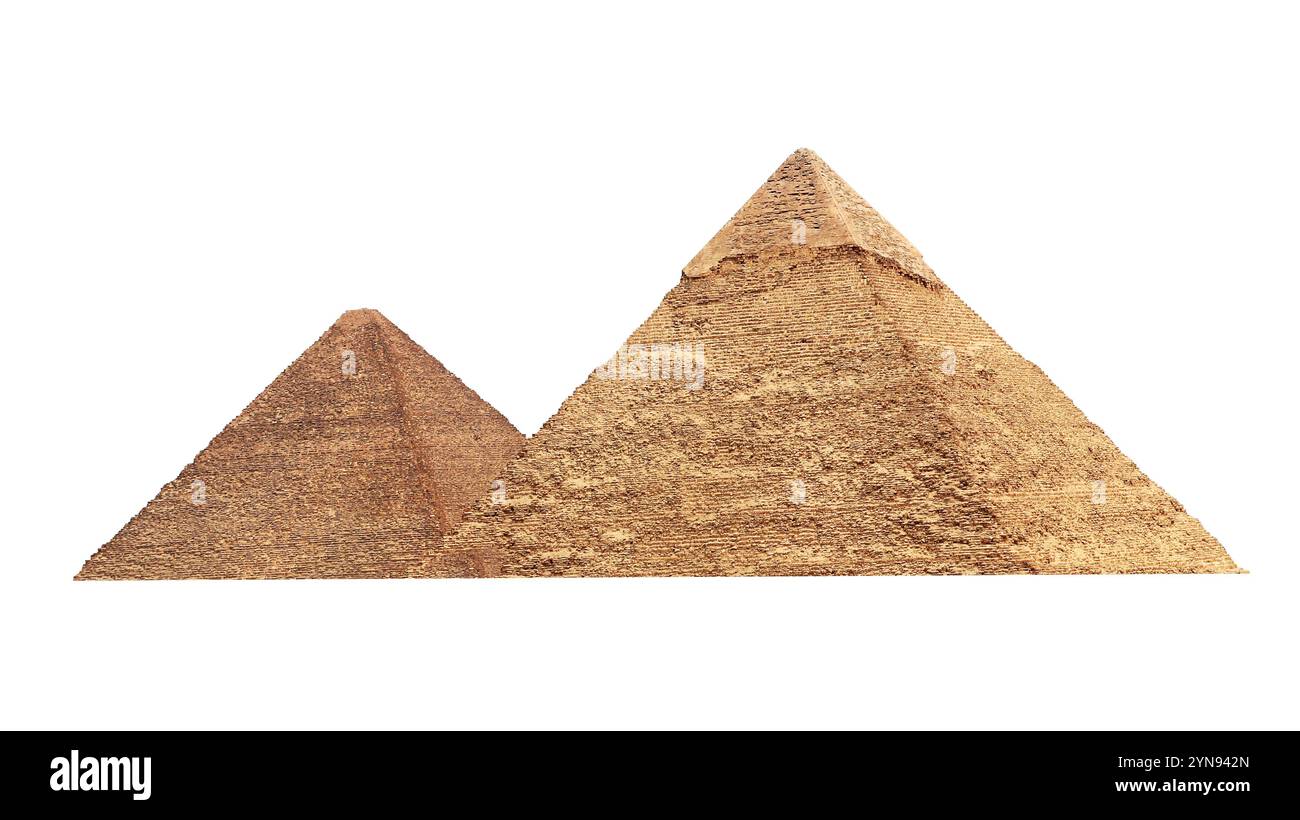Berühmte große Pyramiden von Chephren und Cheops, Kairo, Ägypten. Zwei der drei Großen Pyramiden, Pyramidenkomplex von Gizeh (Nekropolis von Gizeh). Isoliert auf weiß Stockfoto
