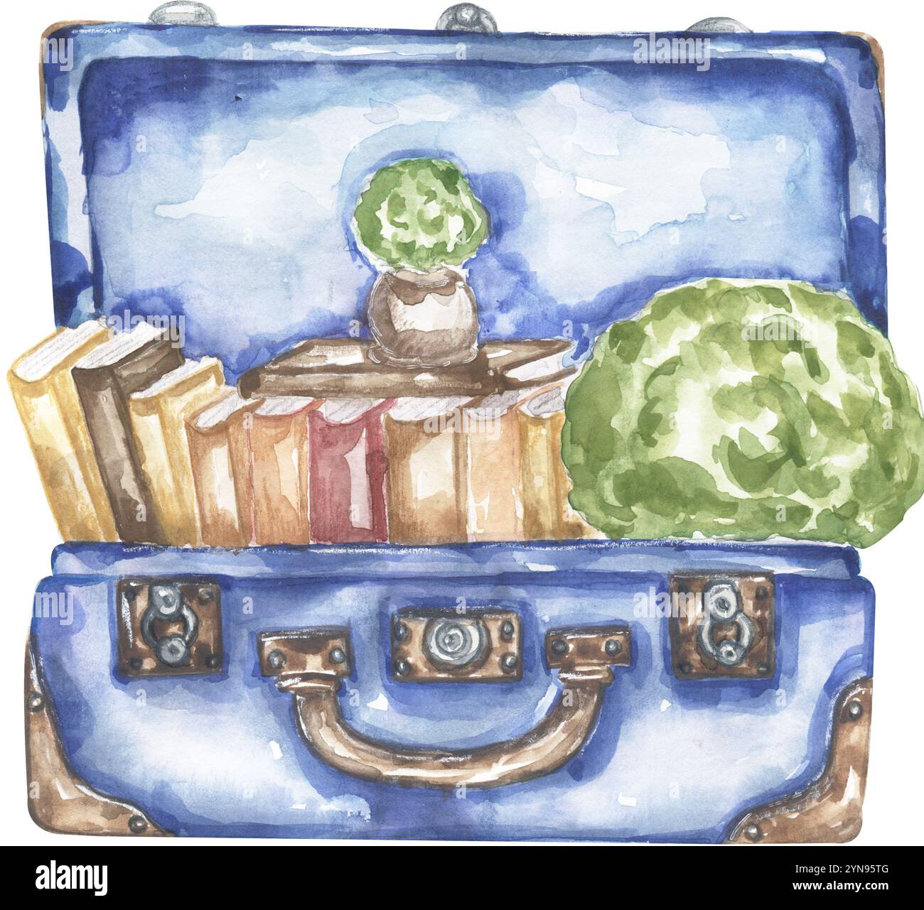 Aquarell handgezeichnete Vintage-Koffer mit Büchern, die in der Topf-Illustration geflochten sind, Reisegepäck Clipart Stockfoto