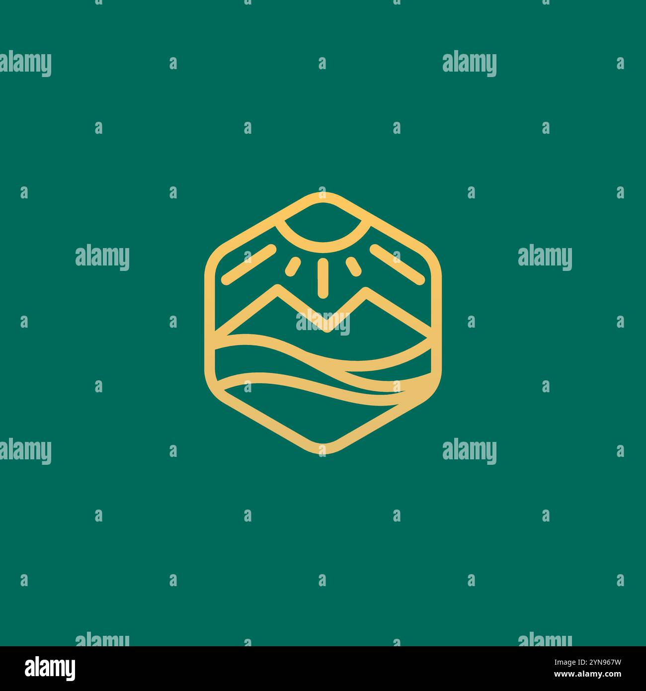 Sechseckige Linie Sun Mountain Sea Logo-Vektor Stock Vektor
