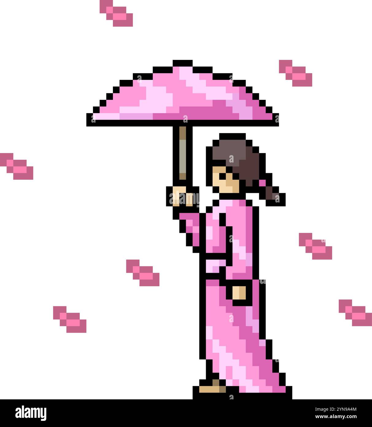 Pixelkunst des rosa Regenschirms des japanischen Mädchens isolierter Hintergrund Stock Vektor