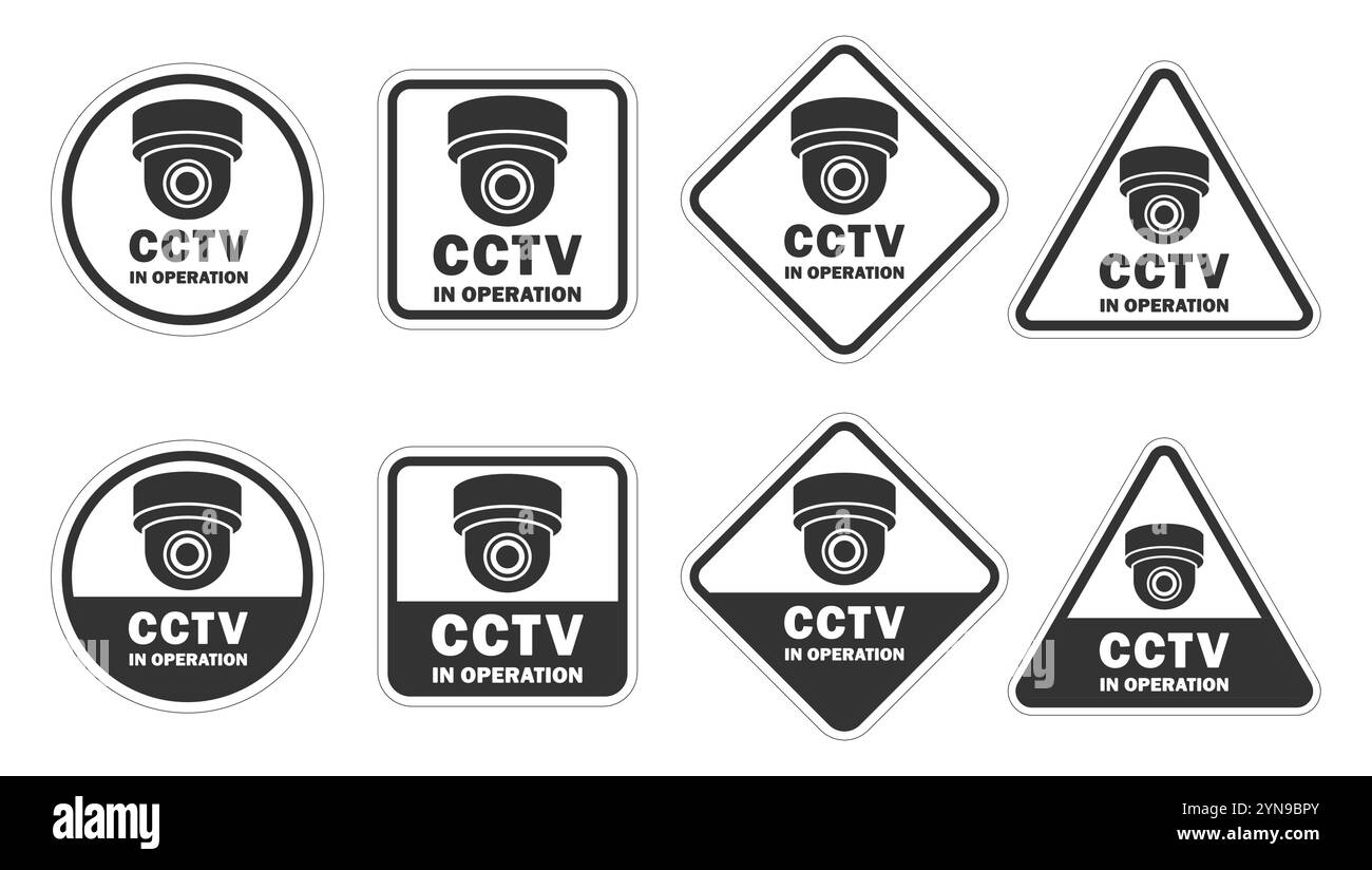 Schwarz-weißes Warnschild. Symbol für Sicherheitskameras in Verwendung. Zeichensammlung für feste CCTV-Kameras. Vektorabbildungsbild. Isoliert am Stock Vektor