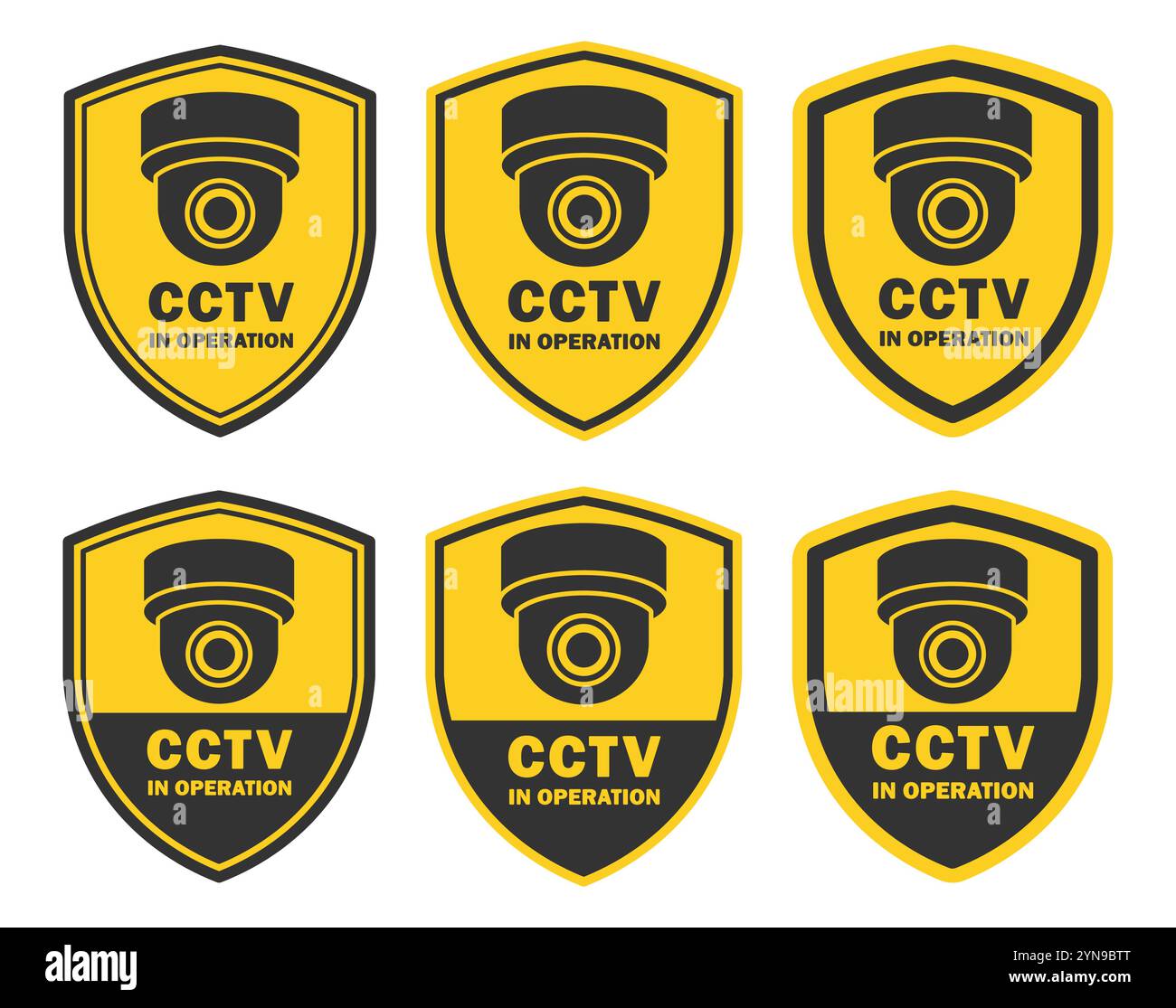Warnung: Gelbes schwarzes Schild. Symbol für Sicherheitskameras in Verwendung. Zeichensammlung für feste CCTV-Kameras. Vektorabbildungsbild. Isoliert am Stock Vektor