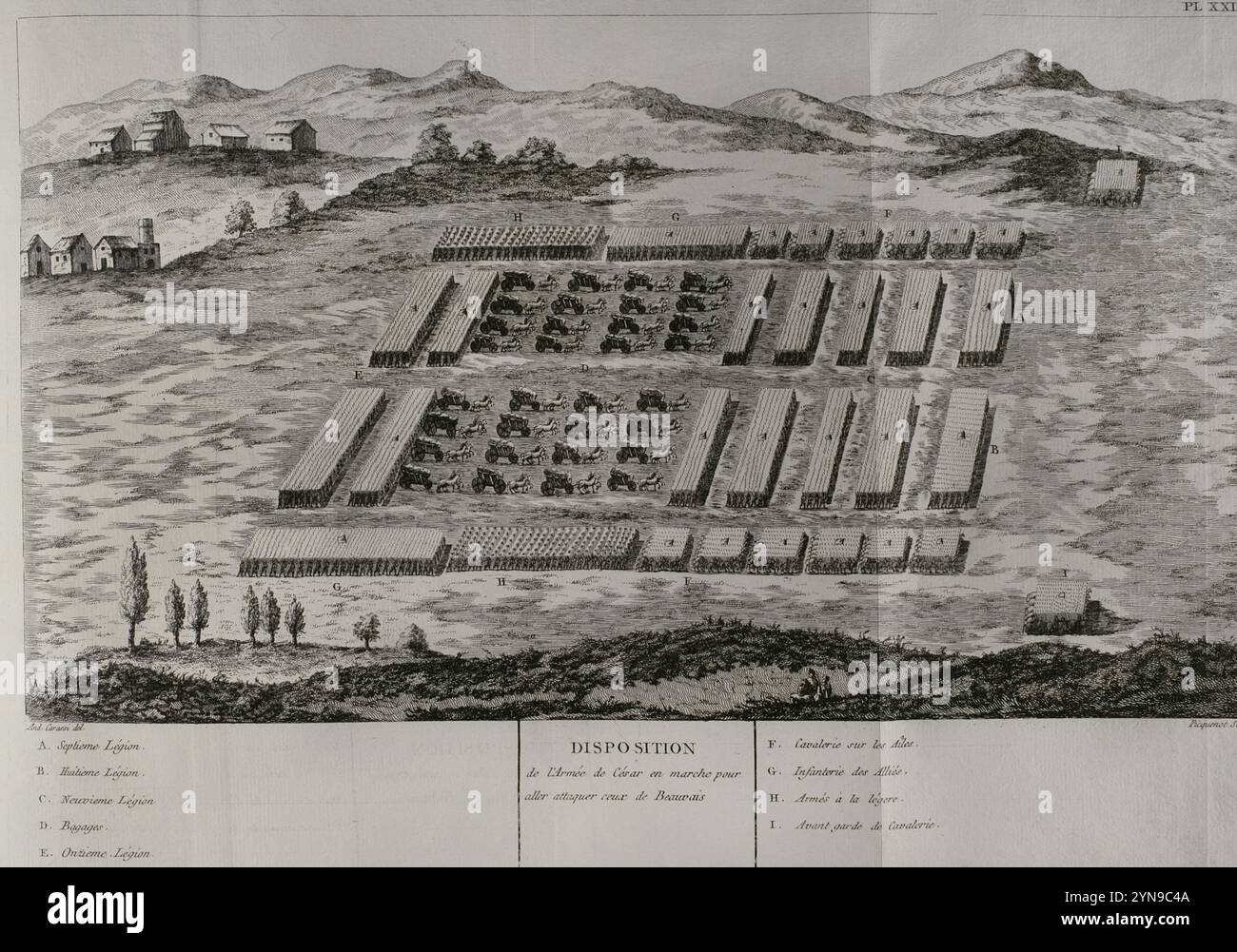 Gallische Kriege (58 v. Chr.–50 v. Chr.). Cäsars Feldzug gegen die Belgier, 57 v. Chr. Gallia Belgica. Marsch von Cäsars Armee, um Beauvais anzugreifen. Gravur. "Commentaires de Cesar, avec des Notes historiques, critiques et militaires" von Graf Turpin de Crissé. Band II. Veröffentlicht in Montargis und verkauft in Paris, 1785. Stockfoto