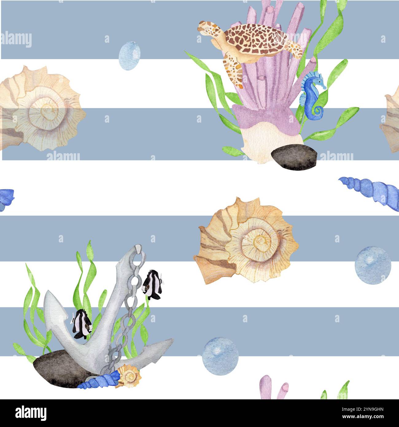 Handgezeichnetes Aquarell mit nahtlosem Meeresmuster mit Regenbogenfischen, Schildkröten und Blasen, Schwimmen in Korallenriffen und Algen. Ideal für Druck, Textilien, Stockfoto