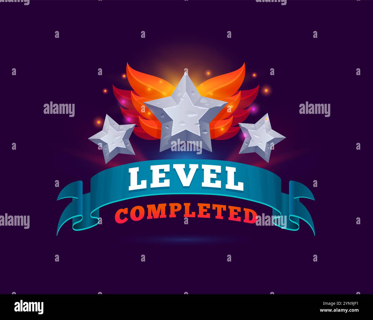 Level Complete-Symbol, Level-Up-Abzeichen, ui-Popup-Benutzeroberflächenelement mit Steinsternen, feurigen Flügeln und blauem Banner. Vector gui Mobile oder Web-App belohnen Sie für den erfolgreichen Abschluss der Challenge Stock Vektor