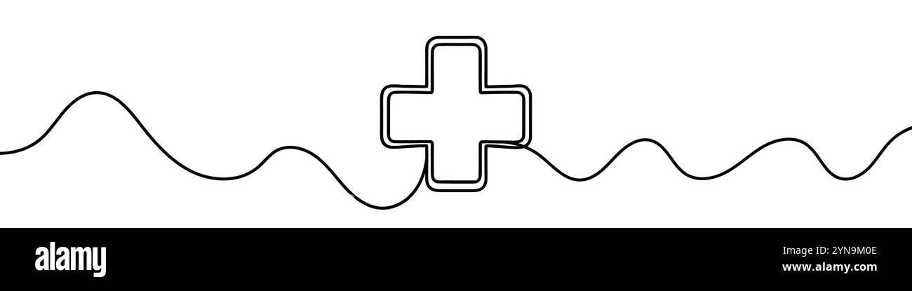 Eine durchgehende Darstellung eines medizinischen Kreuzes, isoliert auf weißem Hintergrund. Linienkunst des medizinischen Kreuzes Stock Vektor