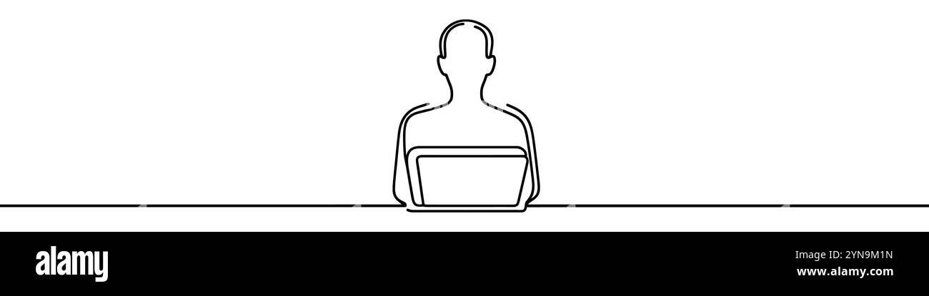 Minimalistische Vektor-Illustration einer Person, die einen Laptop benutzt, erstellt mit einer durchgehenden Linie Stock Vektor