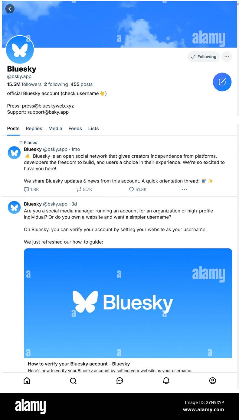 BlueSky Social Media - Blueskys eigene Seite. November 2024 Stockfoto
